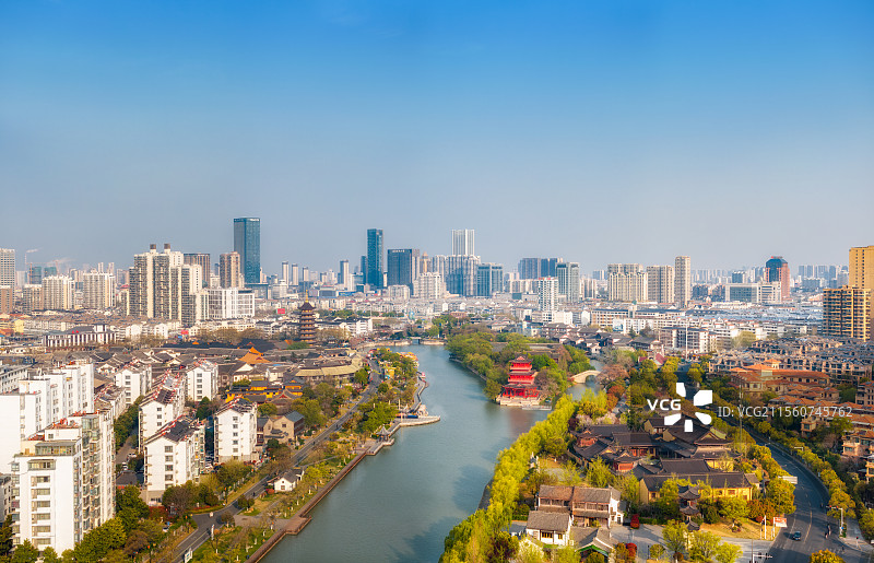 江苏，淮安市，里运河文化长廊，里运河，中洲公园，清江浦中洲岛，清江浦楼，国师塔，都市天际线，春季航拍图片素材