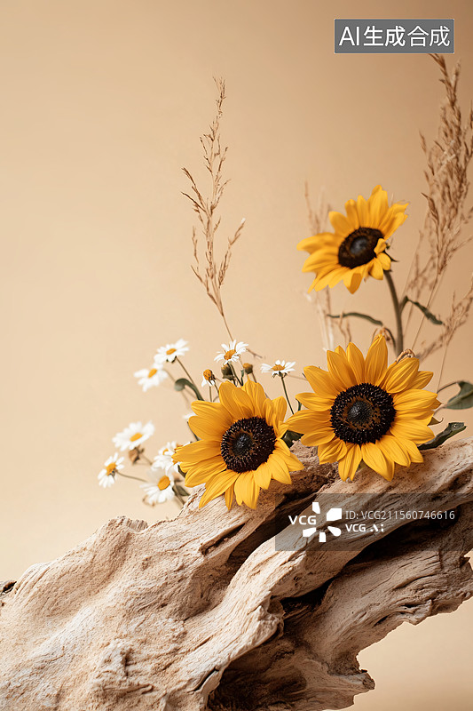 【AI数字艺术】枯木与花产品展示背景图片素材