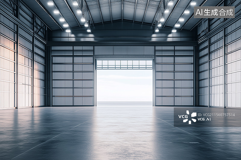 【AI数字艺术】空旷的工业仓库与海景展示平台图片素材