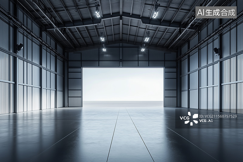 【AI数字艺术】空旷的工业仓库与海景展示平台图片素材