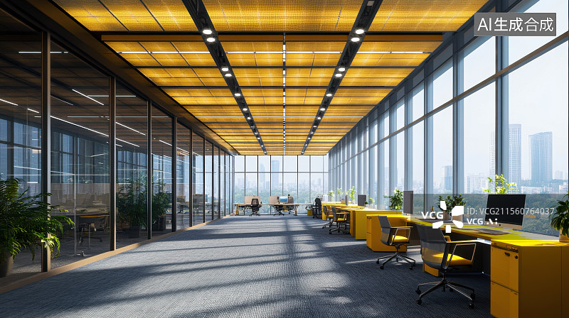 【AI数字艺术】现代商务办公室内部区域科技感工位图片素材