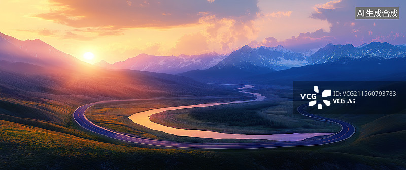 【AI数字艺术】日落时分群山河流图片素材