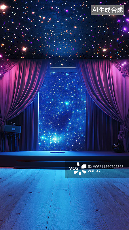 【AI数字艺术】蓝色梦幻星空风格舞台展台电商背景3D渲染图片素材