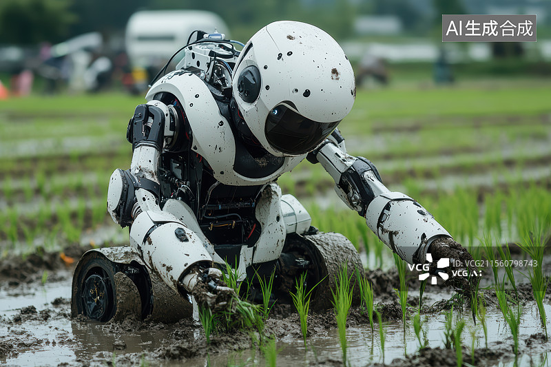 【AI数字艺术】智能机器人农机水田插秧图片素材