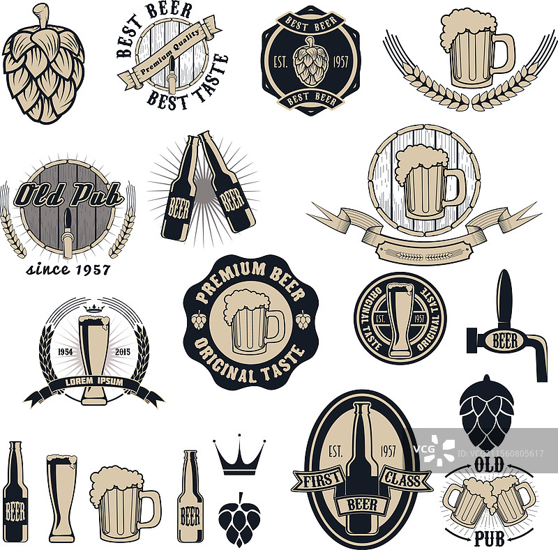 复古啤酒酒吧标签、徽章和图标合集图片素材