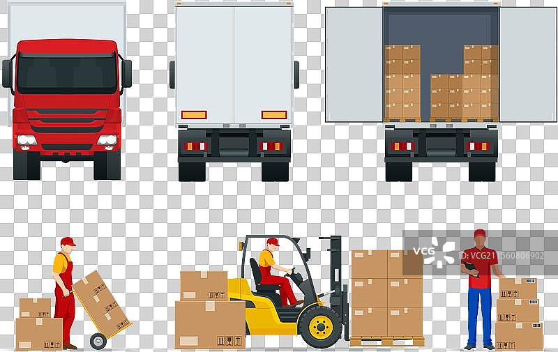 平板卡车侧视图和后视图，送货员图片素材