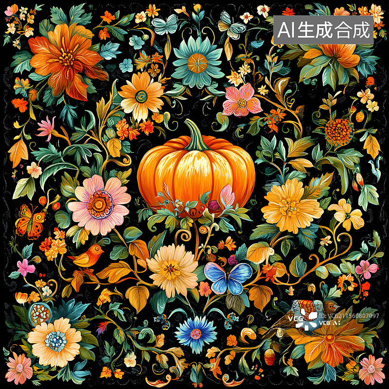 【AI数字艺术】南瓜 古典 花朵 纹样 复古图片素材