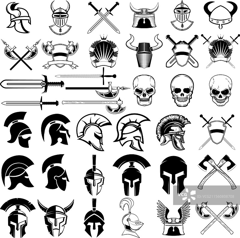 一套古代武器、头盔、剑和设计图片素材
