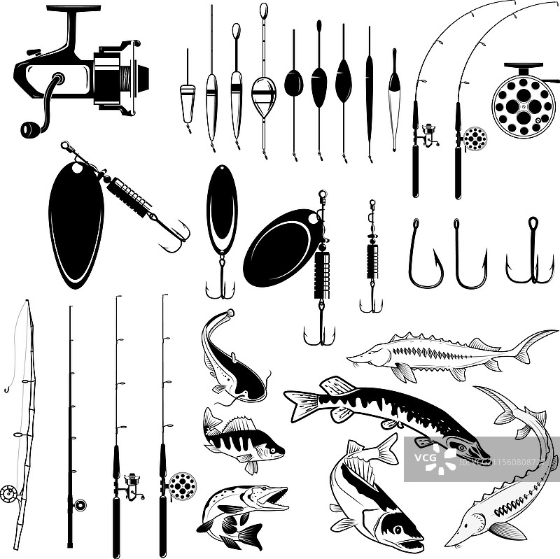 一套钓鱼工具河鱼图标设备图片素材