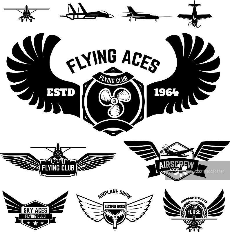 飞行俱乐部标签和徽章的集合图片素材