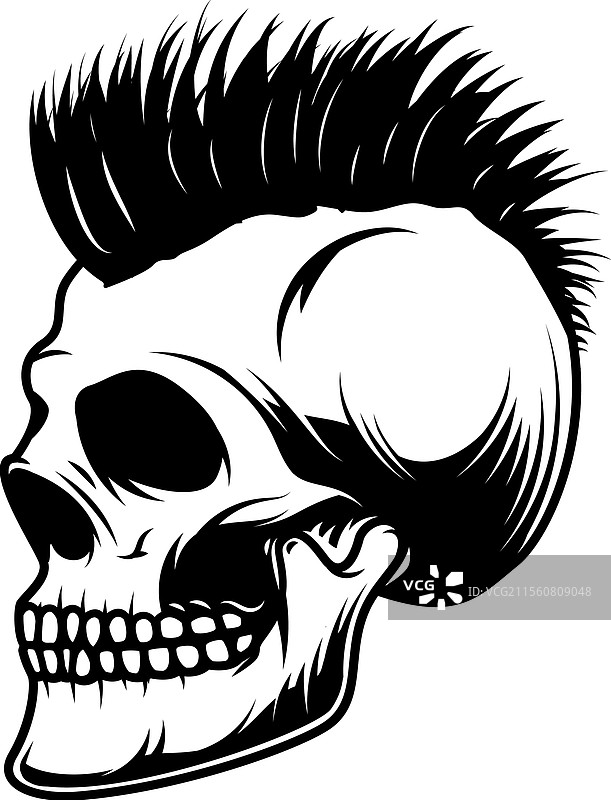 带有莫霍克发型的骷髅，背景为白色图片素材