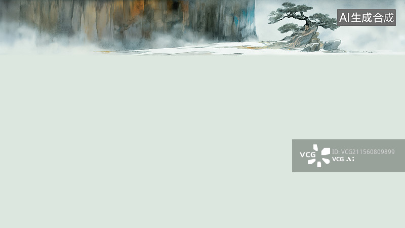 【AI数字艺术】水墨画居上背景，新国风中式武侠场景青绿色氛围烟雾水汽蒸腾缭绕巨大岩石山峰脚下河流岸边山谷古老松树生长图片素材