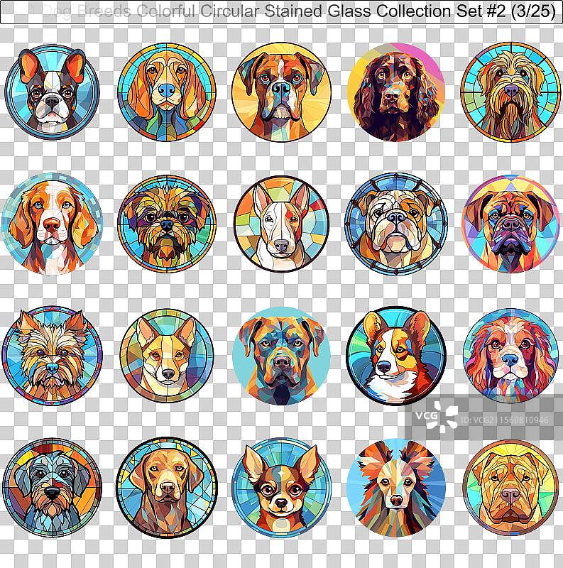 五彩斑斓的狗品种圆形彩色玻璃狗图片素材