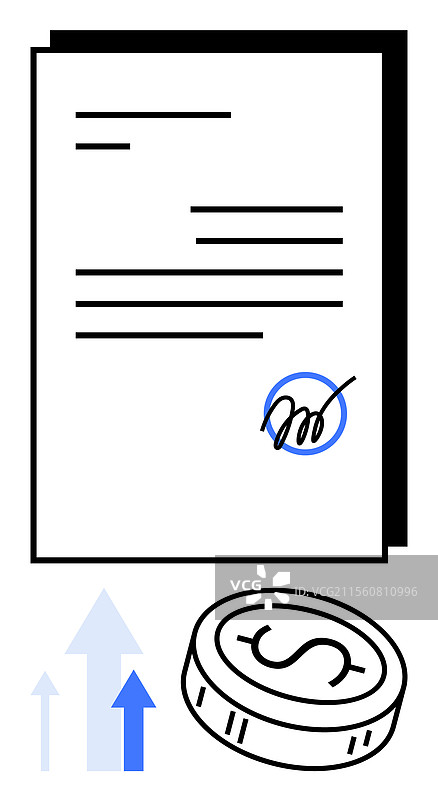 签署的文件与硬币和增长箭头图片素材