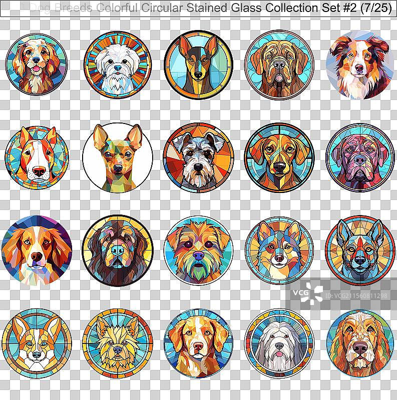 五彩斑斓的狗品种圆形彩色玻璃狗图片素材