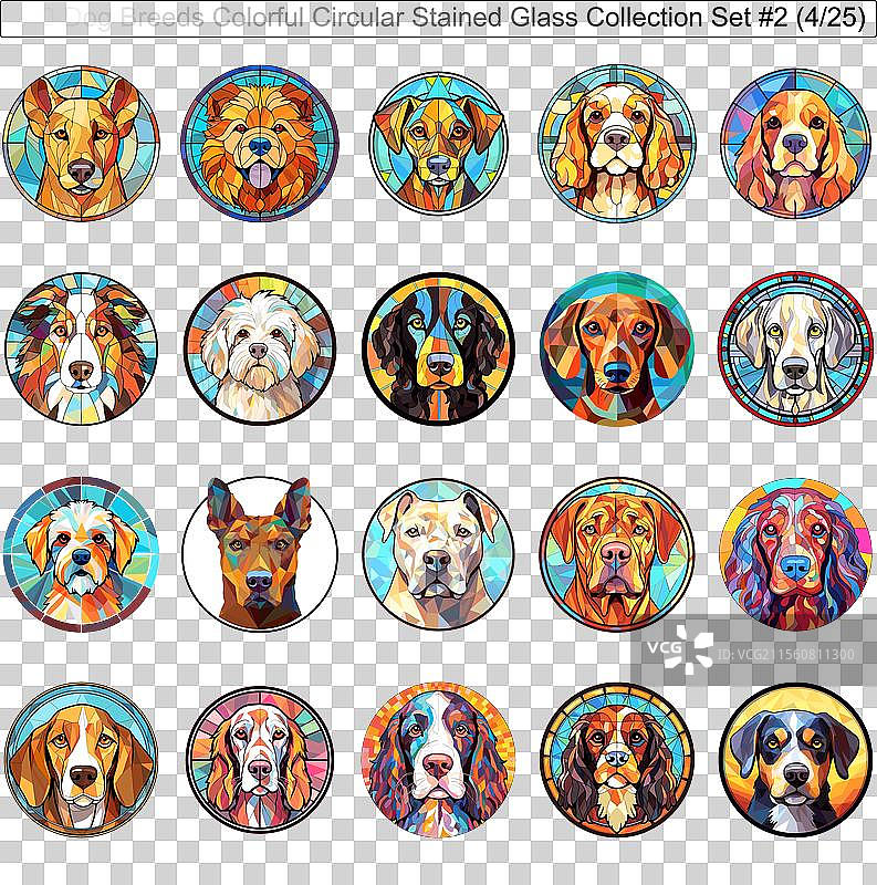 五彩斑斓的狗品种圆形彩色玻璃狗图片素材