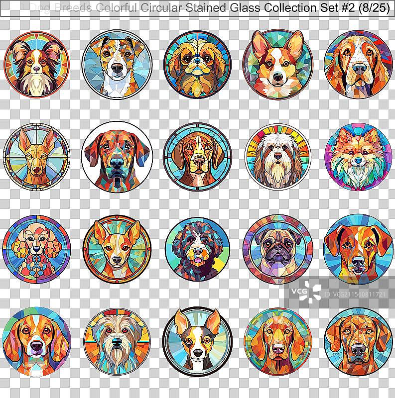 五彩斑斓的狗品种圆形彩色玻璃狗图片素材