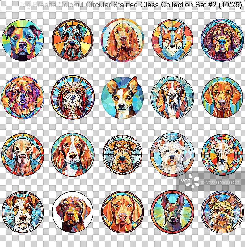 五彩斑斓的狗品种圆形彩色玻璃狗图片素材