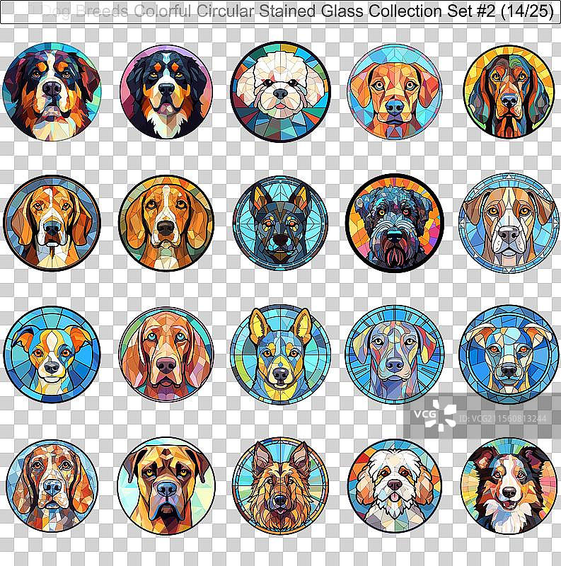 五彩斑斓的狗品种圆形彩色玻璃狗图片素材