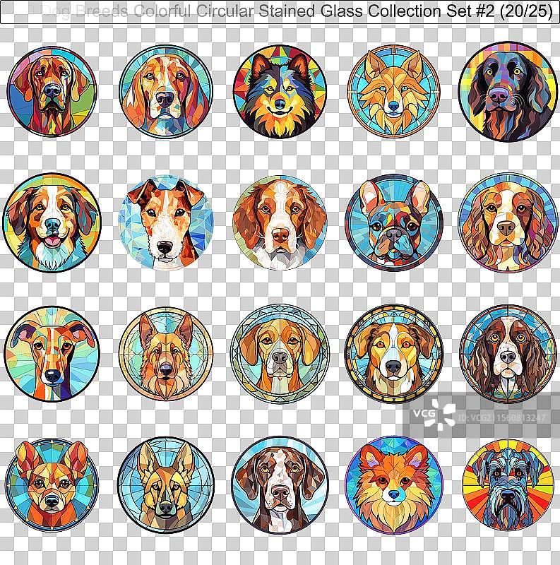 五彩斑斓的狗品种圆形彩色玻璃狗图片素材