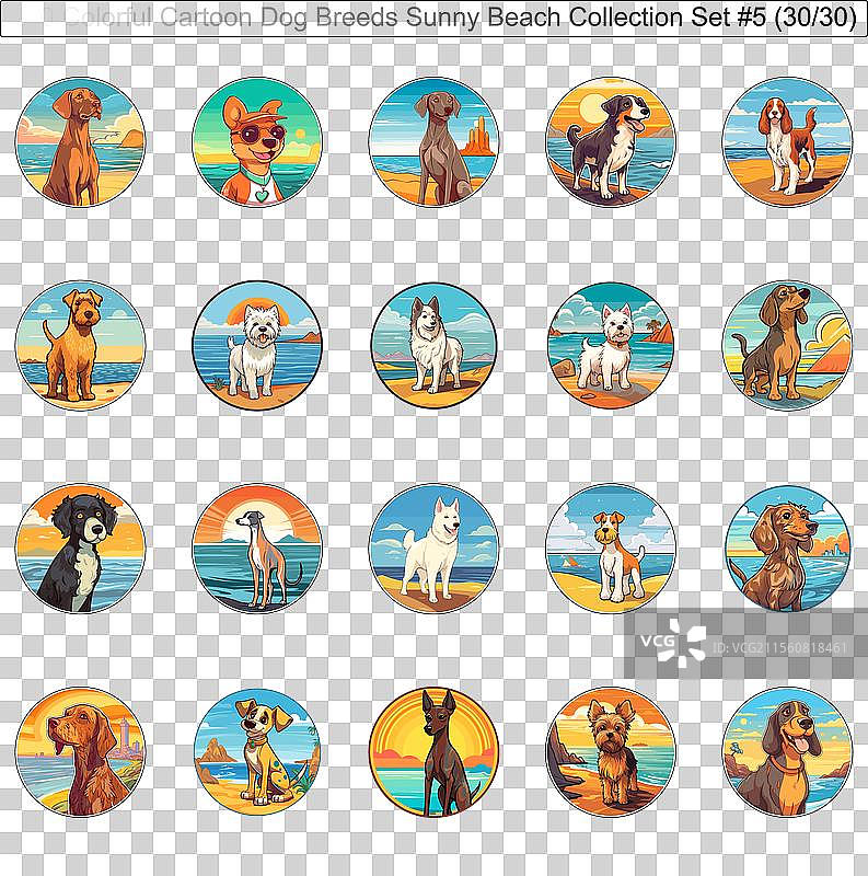 阳光下色彩斑斓的狗狗品种卡通角色图片素材