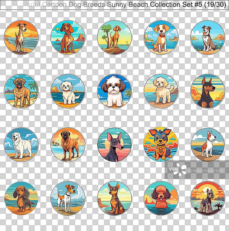 阳光下色彩斑斓的狗狗品种卡通角色图片素材