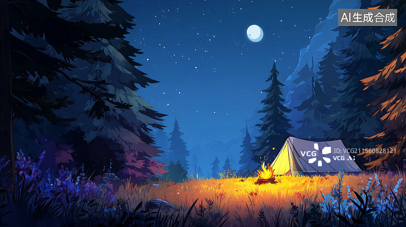 【AI数字艺术】月夜森林露营场景图图片素材