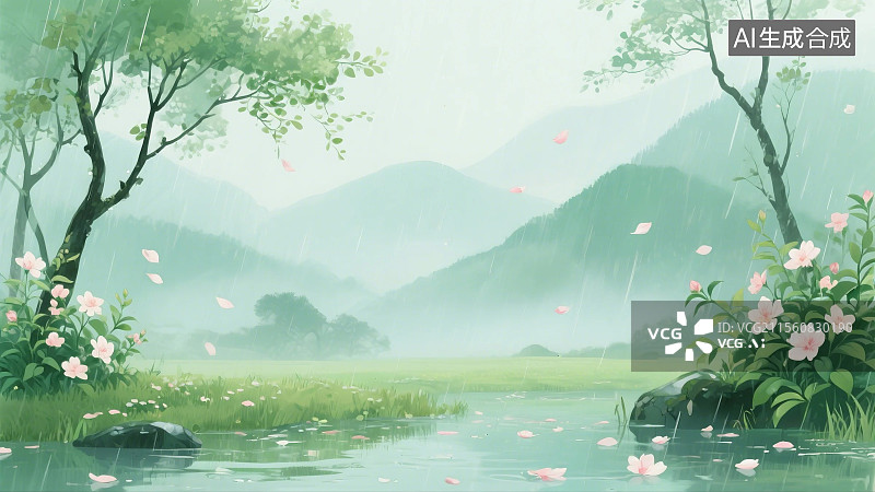 【AI数字艺术】谷雨节气清新自然风光水彩插画图片素材