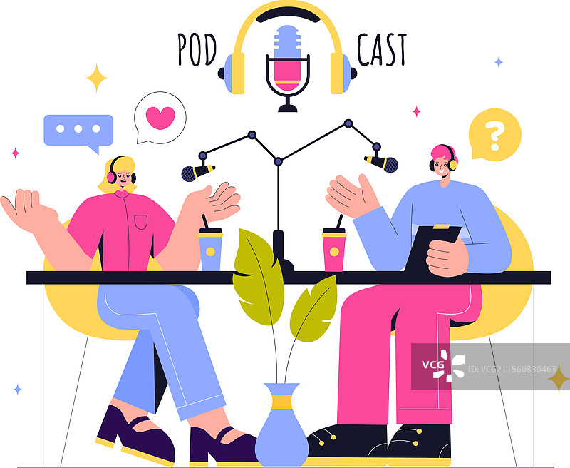 播客中人们佩戴耳机进行录音图片素材