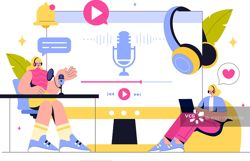 播客中人们佩戴耳机进行录音图片素材