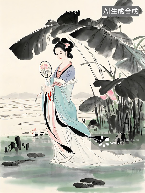 【AI数字艺术】蕉叶仕女图图片素材