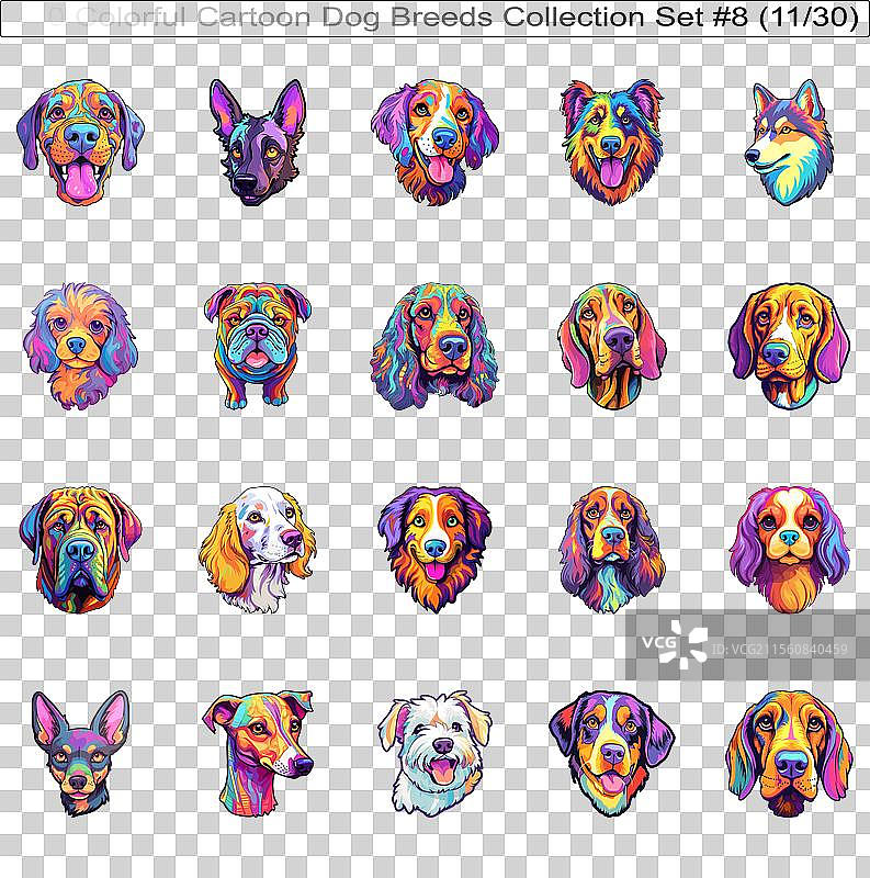 色彩斑斓的狗狗品种卡通角色贴纸图片素材