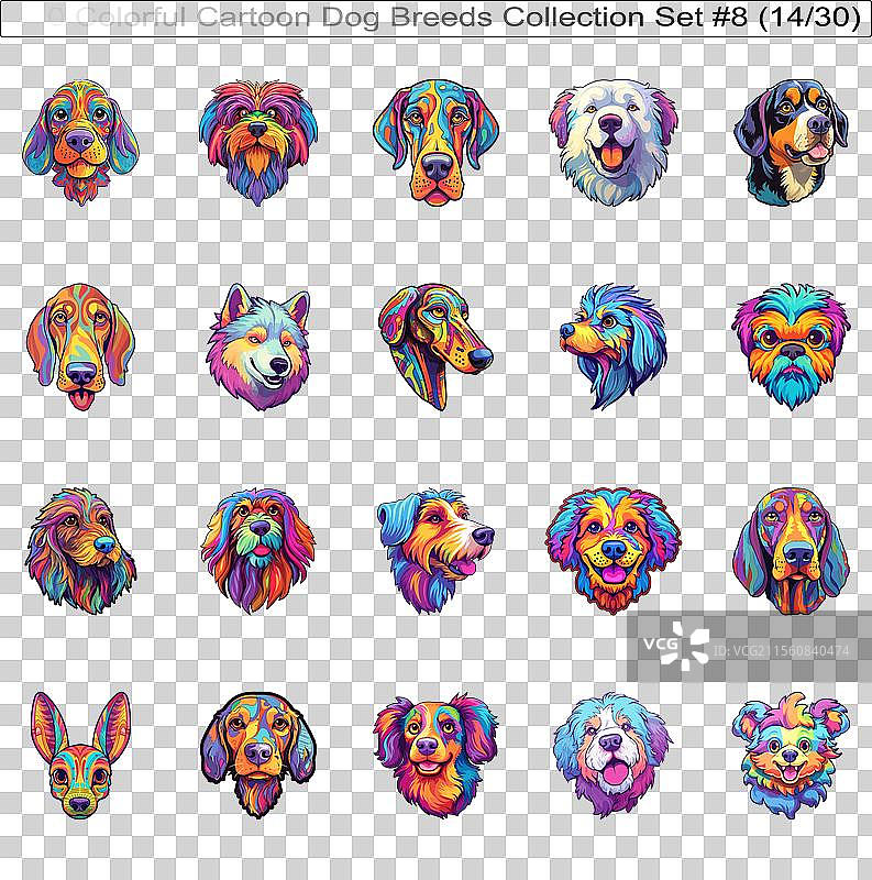 色彩斑斓的狗狗品种卡通角色贴纸图片素材