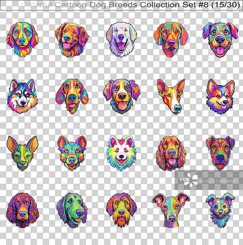 色彩斑斓的狗狗品种卡通角色贴纸图片素材