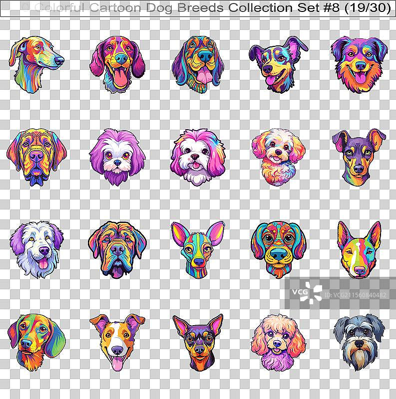 色彩斑斓的狗狗品种卡通角色贴纸图片素材