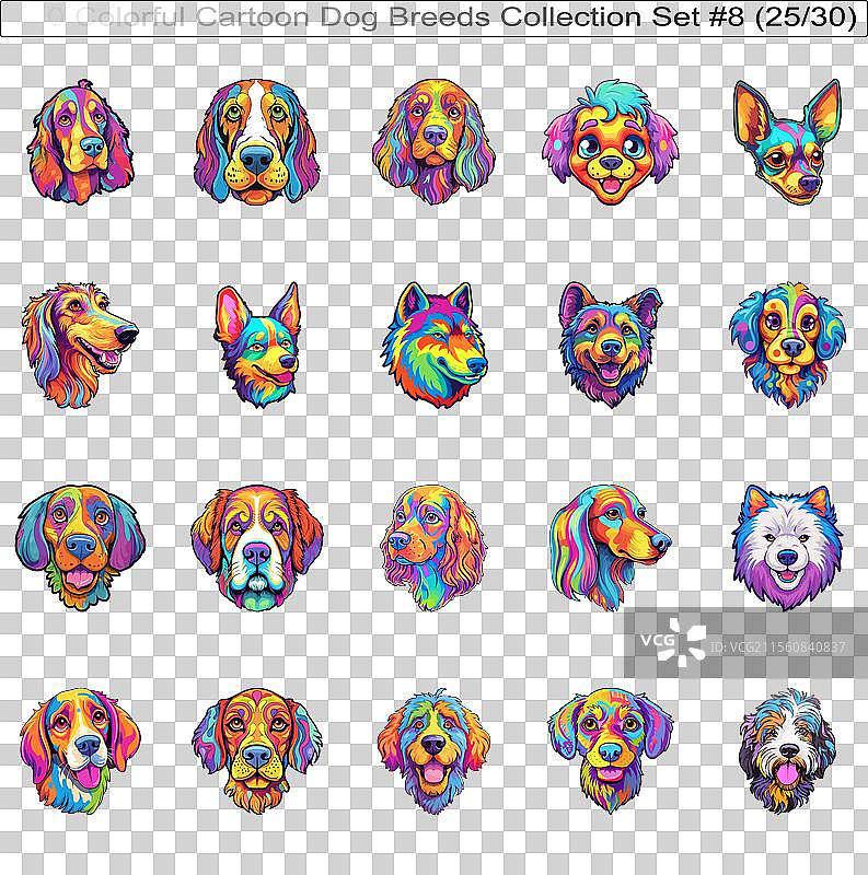 色彩斑斓的狗狗品种卡通角色贴纸图片素材