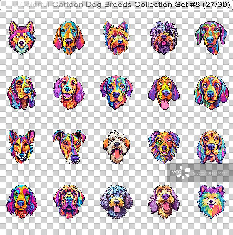 色彩斑斓的狗品种卡通角色贴纸图片素材