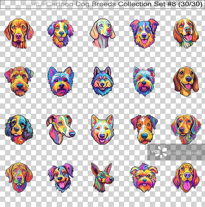 色彩斑斓的狗狗品种卡通角色贴纸图片素材