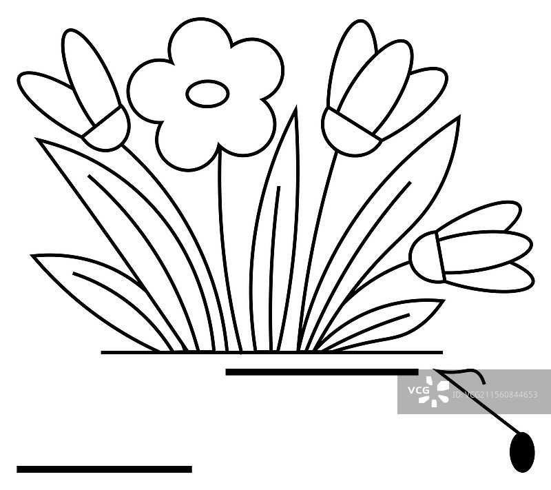 盛开的花朵与园艺铲和花园土壤图片素材