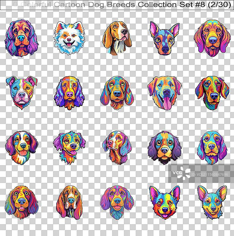 色彩斑斓的狗狗品种卡通角色贴纸图片素材