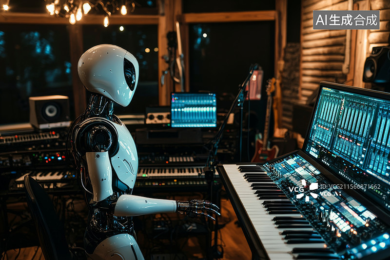 【AI数字艺术】机器人坐在录音棚内进行音乐创作图片素材