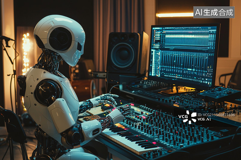 【AI数字艺术】机器人使用混音控制台进行音频编辑图片素材