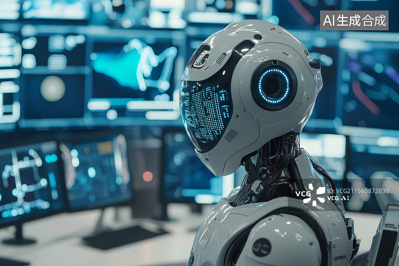 【AI数字艺术】高智能机器人分析多屏系统数据图片素材