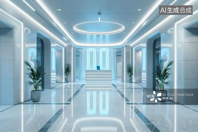 【AI数字艺术】未来感十足的白色高科技接待大厅图片素材