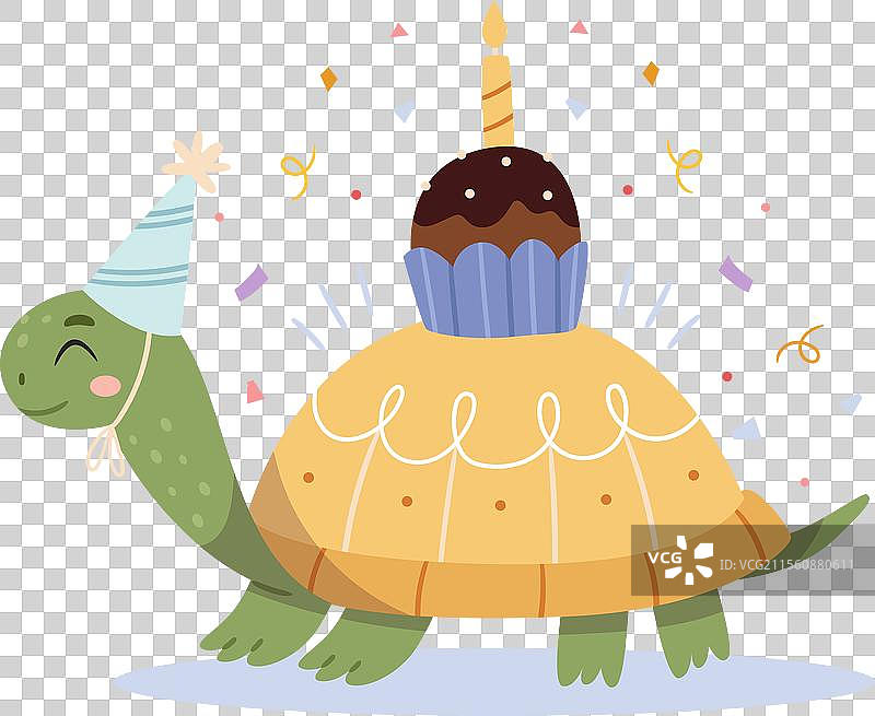卡通乌龟与蛋糕庆祝生日，搞笑有趣图片素材