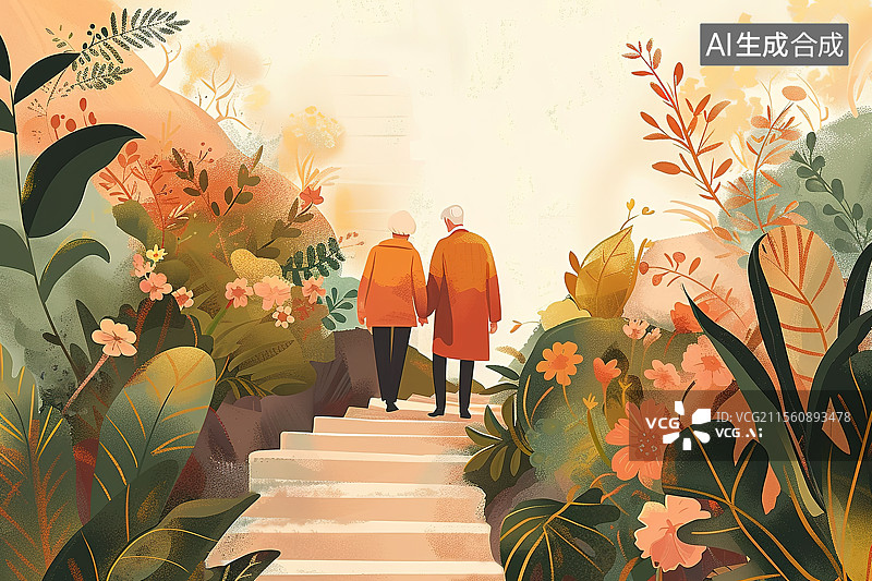 【AI数字艺术】秋天一对老年夫妻结伴旅行观赏风景插画图片素材