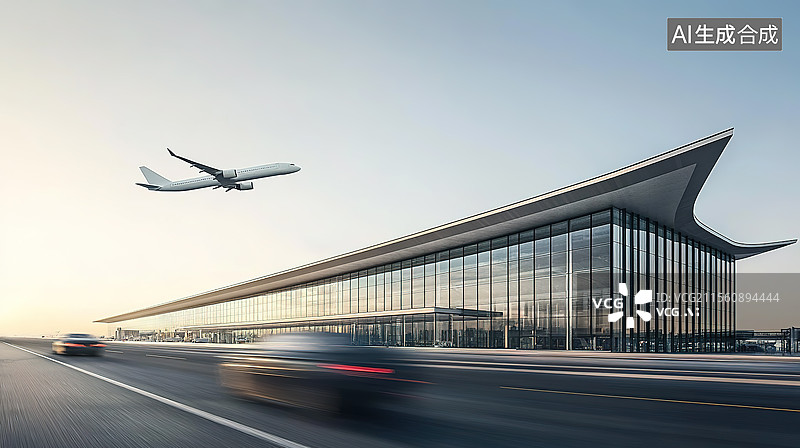 【AI数字艺术】大型机场航站楼出发层建筑道路和差旅商务场景图片素材