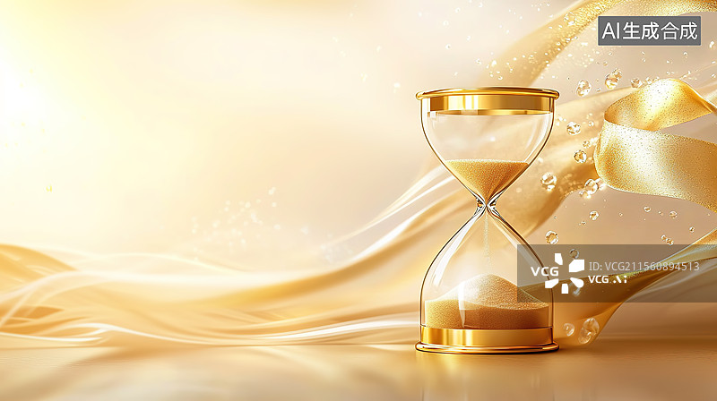 【AI数字艺术】金色背景下的时间沙漏和时间流逝黄金年华概念图片素材