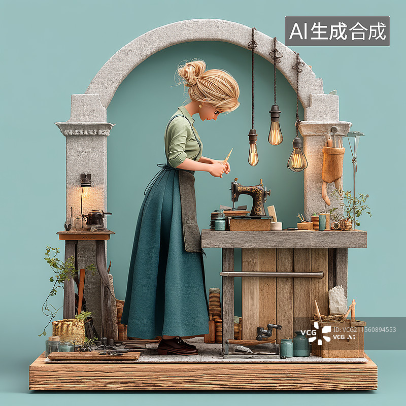 【AI数字艺术】复古裁缝的3D场景图片素材