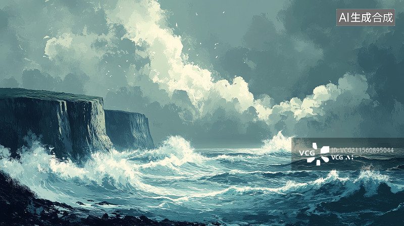 【AI数字艺术】暴风雨之夜的海景图片素材